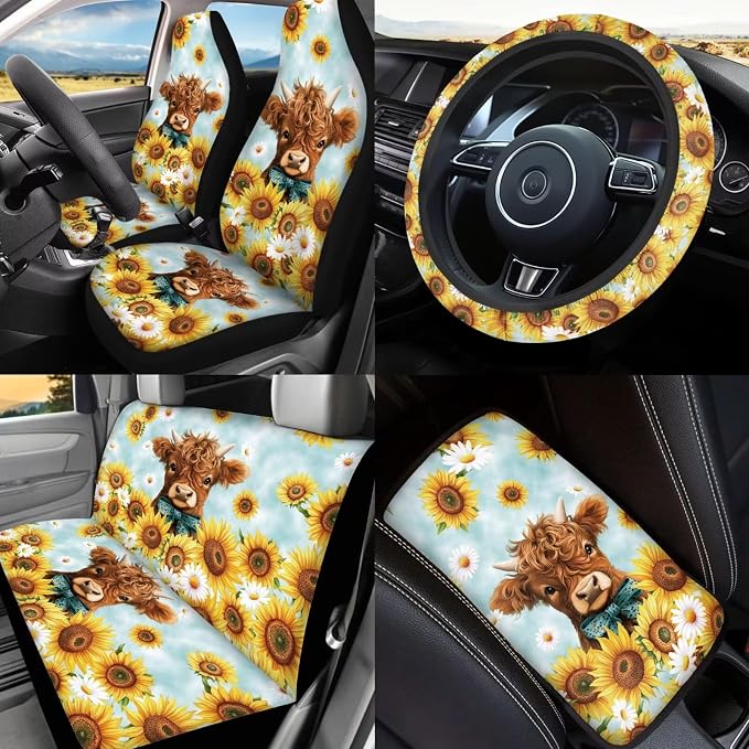Highland Cow Car Seat Covers Full Set with Head Rest Covers,Universal Sunflower Car Accessories for Women Cute Automotive Interior Sets with Backseat Trash Can,Steering Wheel Cover