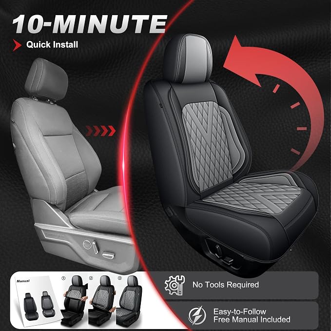 TTX for Dodge RAM 1500 2500 3500 2012-2025 2026 Seat Covers - Seat Cushion Cover with Durable Faux Leather and Curved Bench(Full Set/Black&Dark Grey)