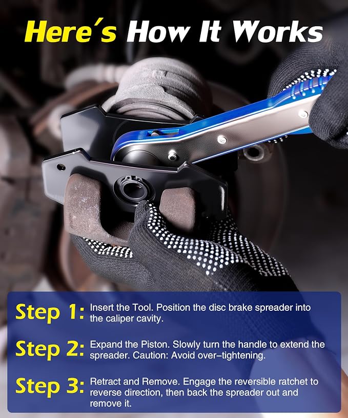 Brake Caliper Compression Tool,360° Swing Ratchet Switch With Additional 2 pcs Large Steel Plate and 2 Hooks&Nylon Grip Work Gloves for Single/Twin/Quad Piston,Disc Brake Repair/Car,Truck,SUV(Blue)
