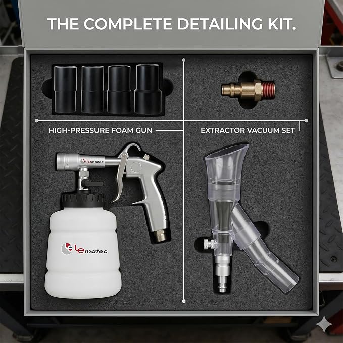 LE LEMATEC Air Tornador Car Detailing Gun & Upholstery Extractor Kit | Interior carpet vent cleaner, foam bottle, vacuum attachment, 3000 RPM, 90 PSI, 1/4" NPT compressor
