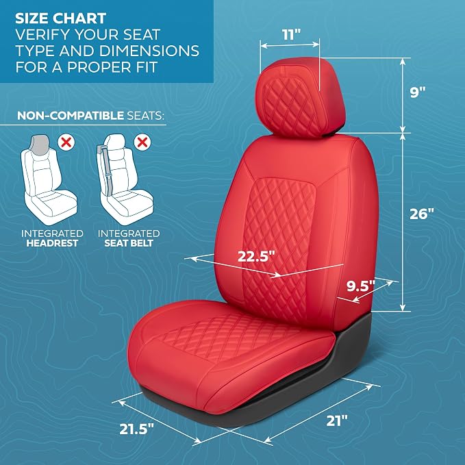 MotorBox Haven Series Napa Leather Seat Covers for Cars, Lux Edition Diamond Stitched Front Seat Covers, Premium PU Leatherette Red Car Seat Covers for Cars Trucks SUVs
