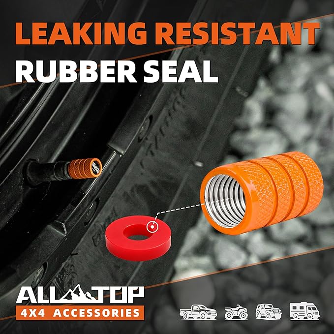 ALL-TOP Tire Valve Stem Caps (5 Pack) Aluminum Tyre Air Valve Cover Corrosion Resistant Universal for Vehicle Truck Motorcycle Car Bike, Orange