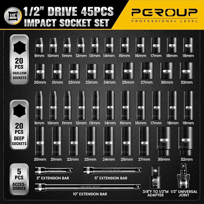 45PCS 1/2” Drive Metric Impact Socket Set, pgroup Deep & Shallow Socket Set with Extension Bars, Adapter and Universal Joint, Size 9-32mm, 6-Point Design, Chrome Vanadium Steel, Includes Storage Case