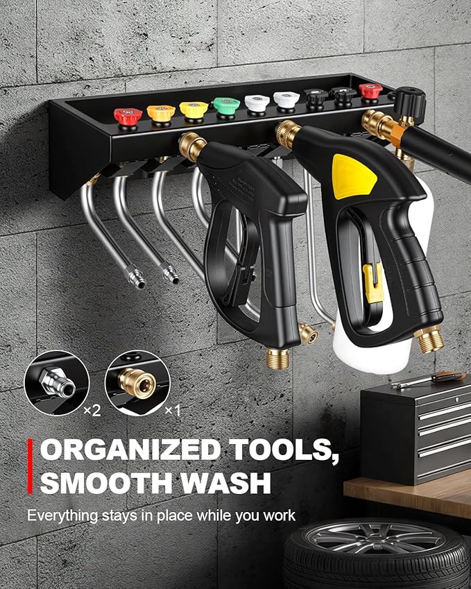 Pressure Washer Gun Holder with 1/4 Inch Quick Connector, Wall Mount Organizer for Foam Cannon, Nozzles and Extension Wands