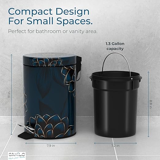 Sanilo Small Bathroom Trash Can with Lid [1.3 Gallon] - Lidded Tiny Trashcan for Garbage - Mini Metal Bin with Soft Closing Mechanism - Bath Room Accessoire Wastebin with Inner Bucket (Dahlia)