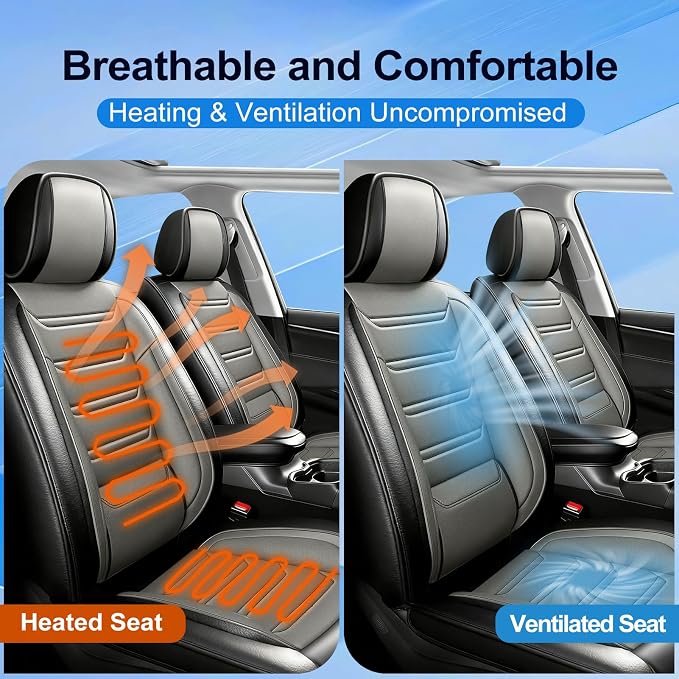 Fit XTS Car Seat Covers (Front Pair) for Cadillac XTS 2013-2019 - Premium Full Coverage Leather, Airbag Compatible & Scratch-Resistant, Waterproof & All Weather Seat Protector, Black+Gray