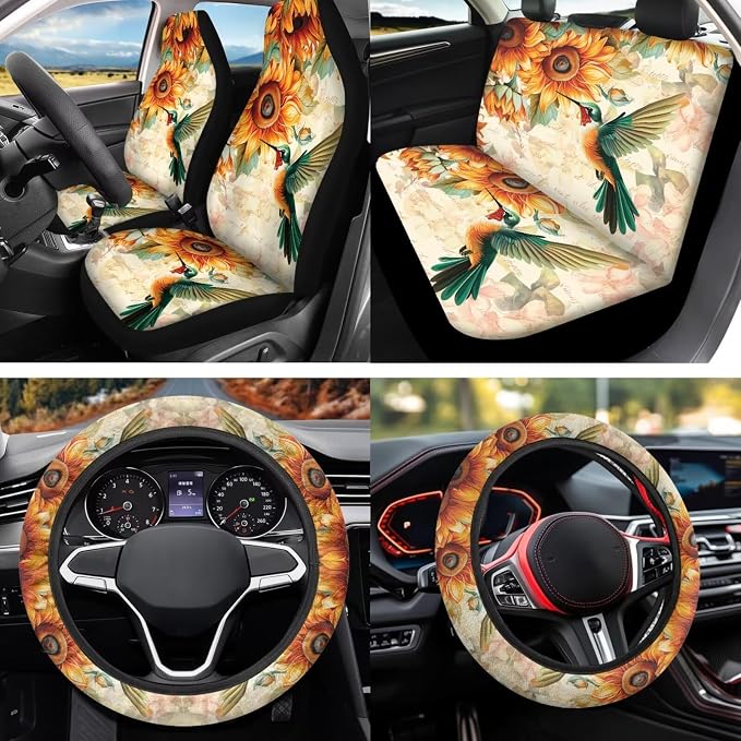 Sunflower Hummingbird 12 Pcs Car Seat Covers Full Set with Steering Wheel Cover,Seat Belt Covers Cup Holder Center Console with Keychain Universal Fit for Cars SUV