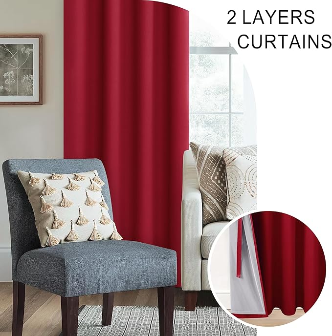 XWZO 100% Blackout Curtains 2 Panels with Tiebacks- Heat and Full Light Blocking Thermal Insulated Window Panels with Grommets for Basement/Small Window, Christmas Red, W38 x L45, Set of 2