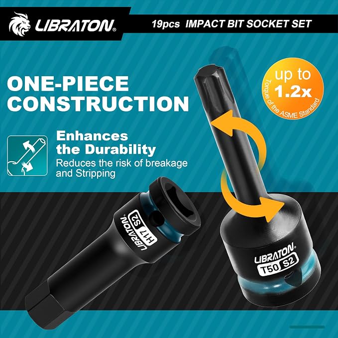 LIBRATON Impact HEX & TORX Bit Socket Set, 1/2" Dr, S2 Steel, 19PCS High Torque Sockets (H5-H19 + T30-T80) for Professional Mechanics & Automotive Repair (XPE Storage Cases)