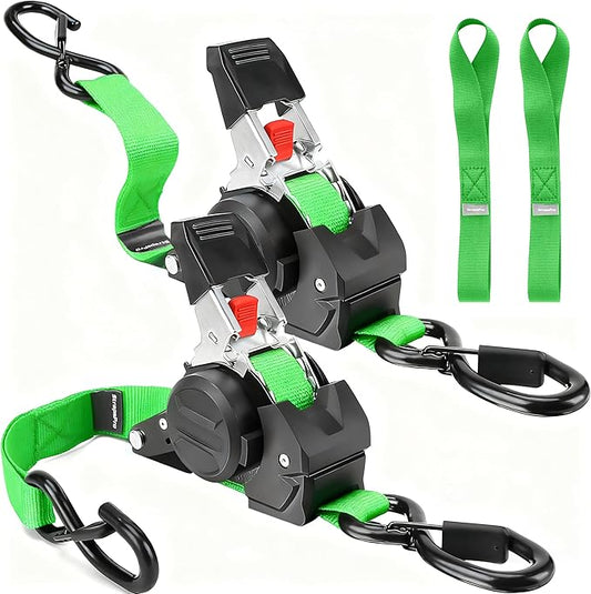 Retractable Ratchet Straps, 1763lb Break Strength Green Self Retracting Ratchet Straps Heavy Duty with Soft Loops, 1'' x 10FT Auto Tie Down Straps Easy Retract for Motorcycle, Truck, Cargo, 2 Pack