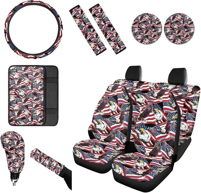 Wanyint Car Accessories 12 PCS, with Car Seat Covers Steering Wheel Seat Belt Pad Armrest Handbrake Gear Shift Cover Coasters 4th of July Universal Auto Interior Decor, American Flag Eagle Print