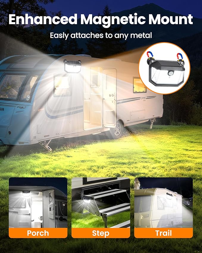 LUHLEE 178 LED Magnetic RV Solar Lights Outdoor, 800LM Ultra-Bright RV Porch Light with Motion Sensor, Strong Magnets IP65 Waterproof rv Lights Exterior for Awning Camper Trailer Porch (2 Pack)