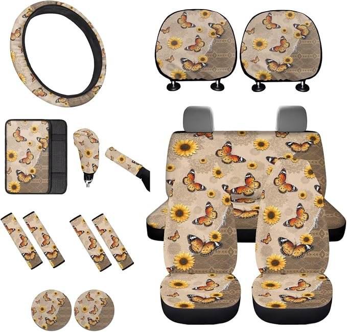 Lotusorchid Butterfly Print Car Seat Covers Full Set, Sunflower Printed Car Front Back Seat Covers Headrest Cover, Comfy Gear Shift Knob Protector Steering Wheel Cover Set of 16