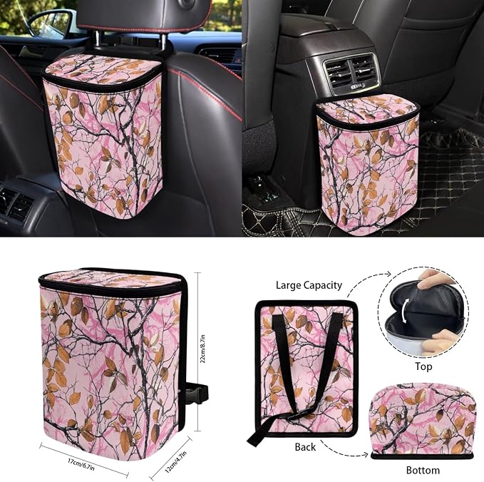 Pink Auto Interior Accessories Camo Leaves Car Seat Covers with Auto Steering Wheel Cover Seat Belt Covers Car Trash Can View Mirror Cover Coaster Keychains