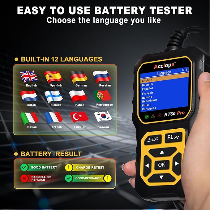 BT60 PRO Car Battery Tester 6V/12V/24V, 2–120Ah, 100–3000 CCA, AGM/Gel/Lithium, Alternator & Starter/Charging System Analyzer, QR Cloud Report (No App), Digital Analyzer