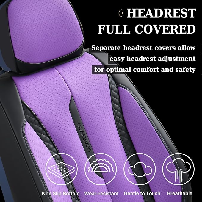 Coverado Car Seat Cover Front Seats, Purple Seat Covers Front Seats, Nappa Leather Waterproof, Car Seat Cushion, Car Seat Protector Universal Fit Most Cars