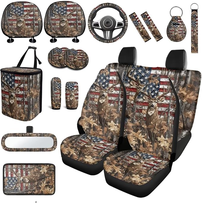 American Flag Reindeer Car Seat Covers Full Set 18 Pieces American Flag Car Interior Accessories Set Steering with Universal Fit Wheel Cover Maple Leaf Print Car Headrest Covers Keychain