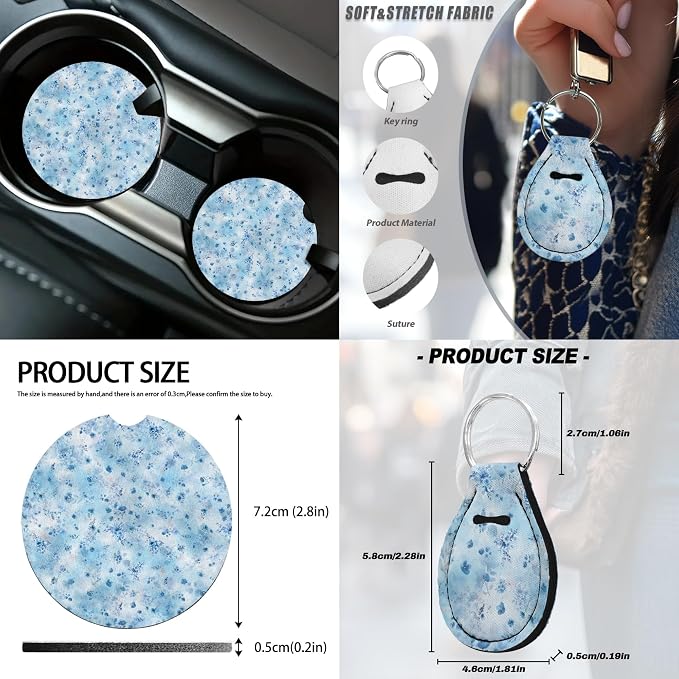 14 Pcs Floral Car Seat Covers Full Set Car Trash Can Coaster Seat Center Console Keychain Gear Lever and Handbrake Steering Wheel Seat Belt Covers/Ocean Mist