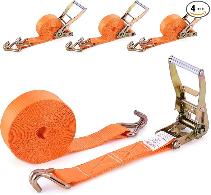Heavy Duty Ratchet Straps, Corrosion-Resistant Ratchet & Fully Coated S Hooks - for Motorcycle Truck Cargo Tie Downs, 2" x 20ft - 4-Pack (Orange)