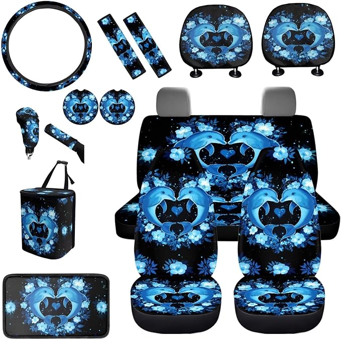 BIGCARJOB Cute Blue Dolphin Car Seat Accessories Full Set 15 Pack Neon Dolphin Seat Cover for Cars Front and Rear Handbrake Cover,Headrest Pillow Cover,Seat Belt Pads,Universal Fit