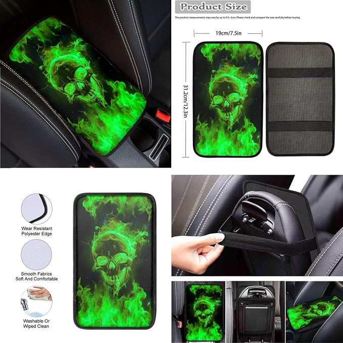 Green Flame Skull Car Interior Accessories Set of 8, Car Seat Covers with Auto Steering Wheel Cover, Center Console Pad, Seat Belt Covers, Automotive Decorations