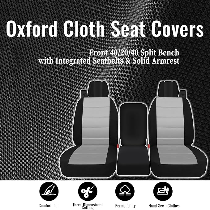 Front 40/20/40 Thickened Heavy-Duty Oxford Fabric Seat Covers Compatible with Ford F150 XL/Standard Cab 2004-2008, Split Bench with Integrated Seatbelts & Solid Armrest-Gray