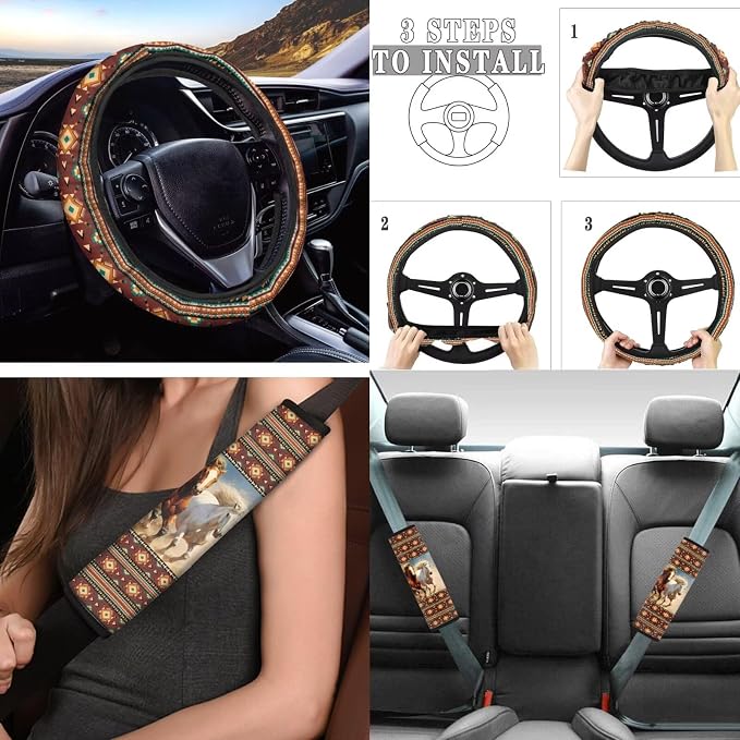 Tupalatus Aztec Horse 9 Pcs Car Seat Covers 2 Front Seats Car Accessories Full Set for Women Men Steering Wheel Cover Seat Belt Pads Cover Coasters Gear Shift Hoodie Handbrake Cover