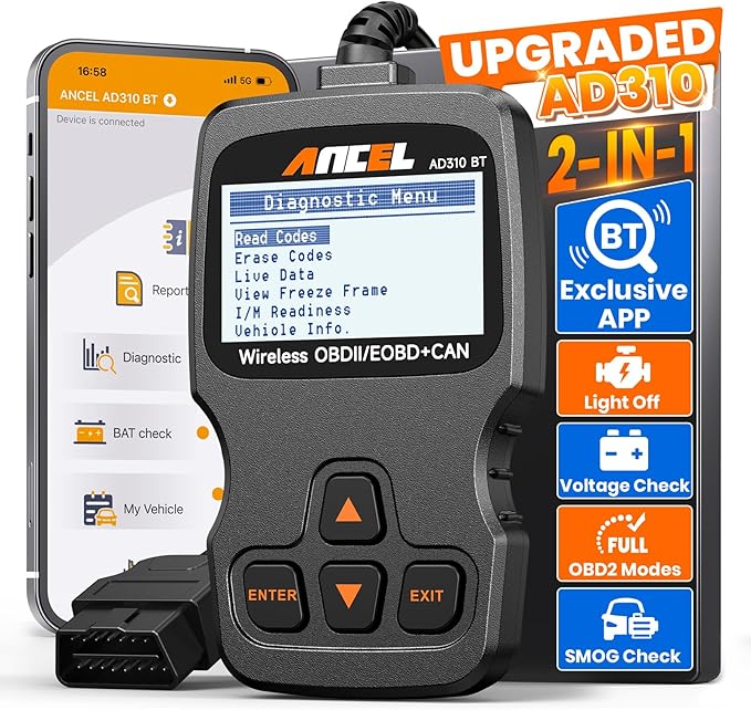 ANCEL AD310BT 2-in-1 Bluetooth OBD2 Scanner, Engine Code Reader for iPhone & Android, Battery Test, Trip Analysis, Performance Test, Car Diagnostic Tool for Most 1996+ OBD2 Vehicles