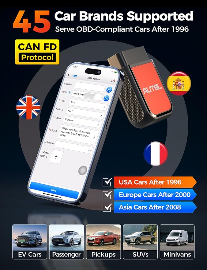 Autel AP2500E Bluetooth Code Reader OBD2 Scanner, Oil Reset, TPMS, EV Battery, BMS Reset, All-System Code Read/Clear, OBD2 10 Tests, Check Engine Light, 45+ Car Brands, for Android/iOS