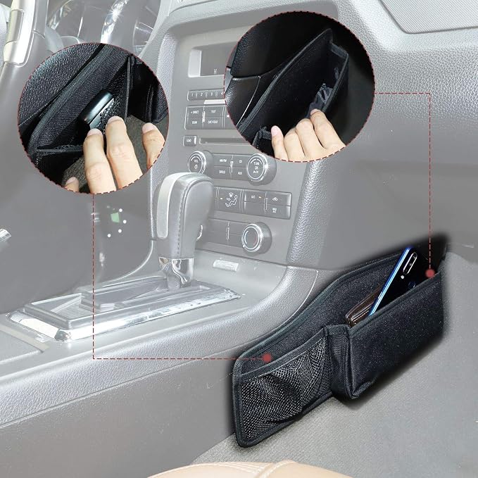 CheroCar for Mustang Gear Storage Bag Console Side Pockets Auto Transmission Side Organizer for Ford Mustang 2010-2014, Interior Accessories, Black, 2Pack