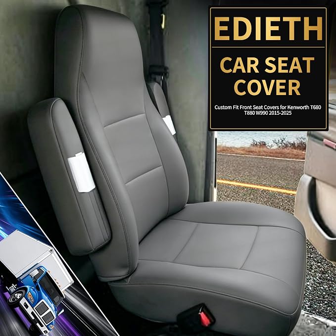 Heavy Duty Seat Covers for Kenworth T680 T880 W990 2015-2025, Custom Fit Front Truck Seat Cover with 17" Armrest, PU Leather with Non-Slip - Gray