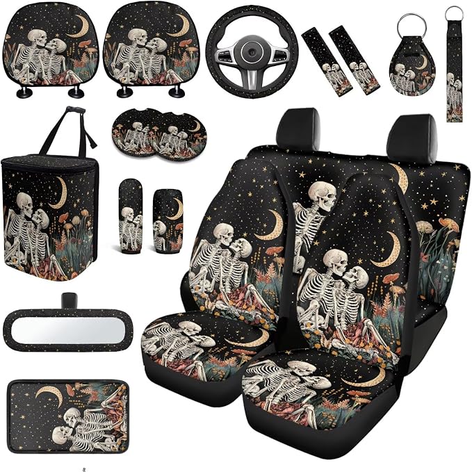Skull Car Seat Covers Full Sets 18 Pcs Universal Car Interior Accessories Sets with Gothic Skeleton Steering Wheel Car Covers Washable Car Headrest Covers Hanging Car Trash Can,Universal Fit