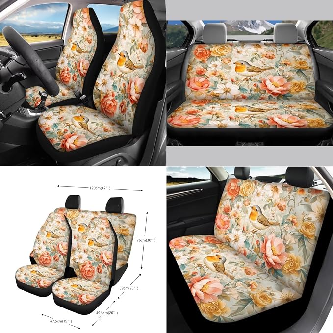 Robin Bird Peony Flower Pattern 15 Pieces Car Accessories with Car Seat Cover Steering Wheel Cushion Seat Belt Pad Keychain Cup Coasters Air Vent Bag Trash Can and Mirror Cover