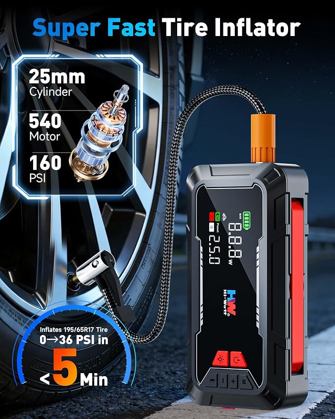 HW Car Battery Jump Starter with Air Compressor, 12V 2000A | 44.4Wh, 160PSI, 65W Fast Charging, Air Chucks and USB Cables