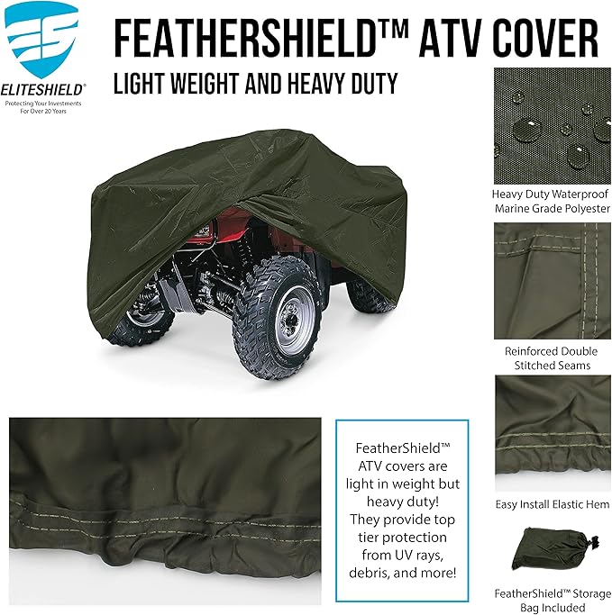 EliteShield Lightweight ATV Cover, Weatherproof Quad Cover, Water and Wind Resistant Four Wheeler Cover, Riding Lawn Mower Cover, Olive Drab Color fits 65" Long