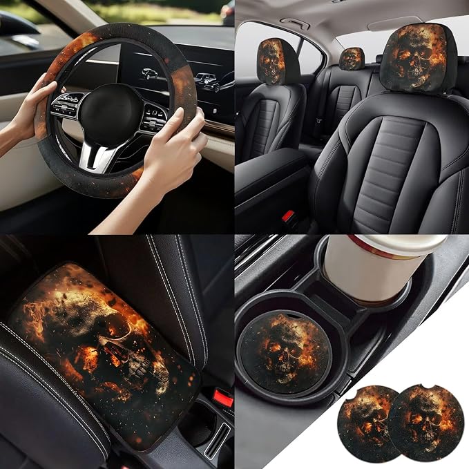 13 Piece 3D Flame Skull Car Seat Covers Full Set Car Steering Wheel Cover, Seat Belt Covers Cup Holder with Keychain, Novelty Design Automotive Protector Set Unverisal Fit