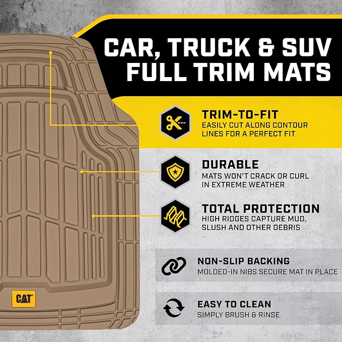 BDK Cat® CAMT-1003 (3-Piece) Deep Dish Rubber Car Floor Mats with Trunk Cargo Liner, Heavy Duty All Weather Trim to Fit Front & Rear Combo Set for Car Sedan SUV Van Beige
