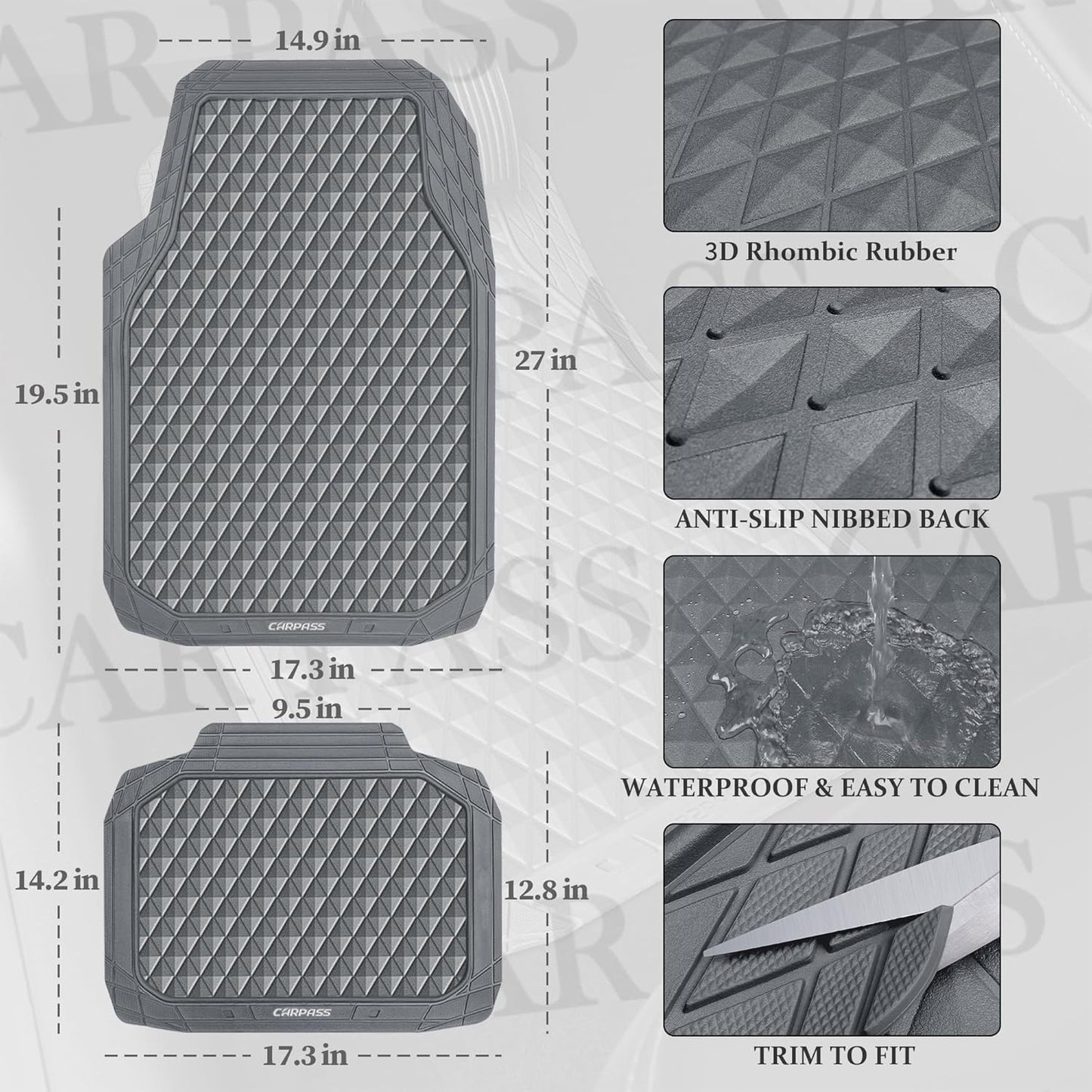 CAR PASS Gray Rubber Car Mats, All-Weather Floor Mats Full Set Durable Anti-Slip 3D Rhombus Waterproof Automotive Pad Trim to Fit Liner Universal Fit for Sedan SUV Truck Van, 4 Pcs All Gray Rubber