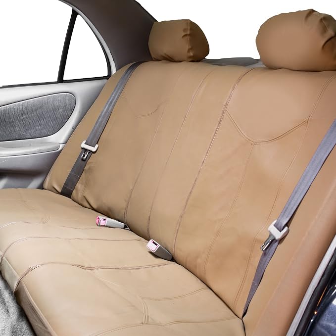 FH Group Automotive Seat Cover Protector Universal Fit Full Set Rome PU Leather Beige - Airbag Compatible and Split Bench Seat Covers for Cars Trucks SUV Combo Vinyl Floor Mats Interior Accessories