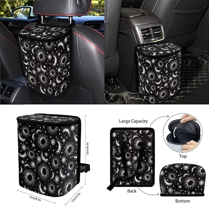 Celestial Sun Moon Stars Print Car Seat Covers 15Pcs Full Set Car Steering Wheel Cover Seat Belt Cover Trash Bin Air Vent Storage Box Rear View Mirror Car Cup Holder Keychain
