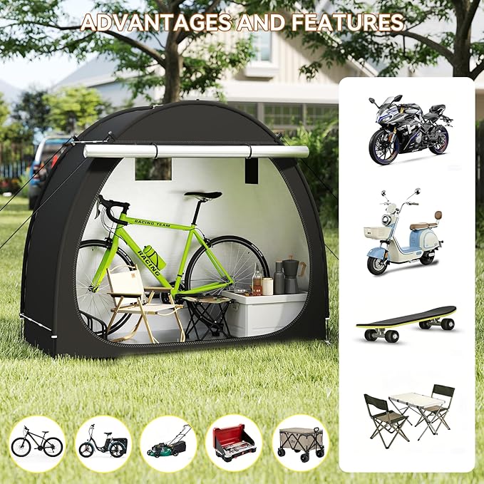 Bike Storage Shed, Bike Tent with Windproof Ropes Bicycle Storage Sheds with Bicycle Racks 210D Oxford 1000ppm Waterproof for 2/3 Bikes, Covers Shelter for Motorcycle, Garden Tools