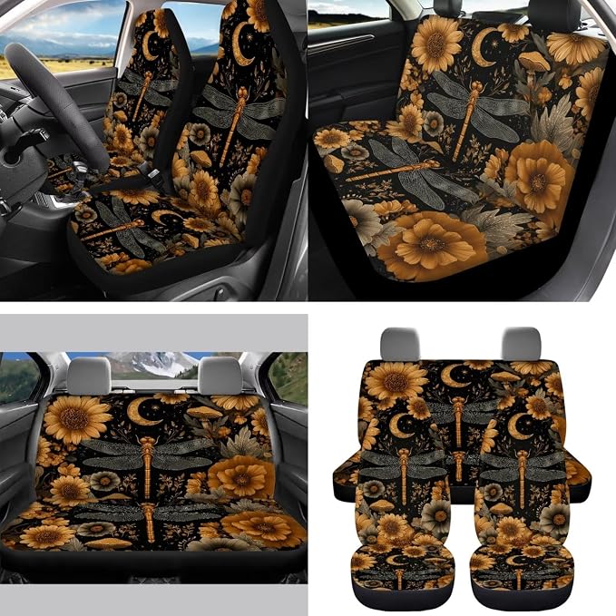 Moon Floral Car Aaccessories Full Set of 15 Pcs, Dragonfly Car Seat Covers Set with Rear View Mirror Cover,Steering Wheel Covers,Car Trash Can with Lid for Women,Universal Fit