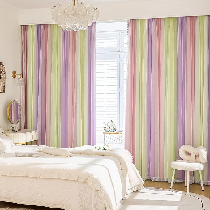 XiDi Blackout Curtains with Sheer Overlay for Girls Bedroom 84 Inches Long 2 Panels Pink Yellow Purple Rainbow Blackout Curtains for Little Girl Kids Room Decor Living Room Grommet Drapes 52x84