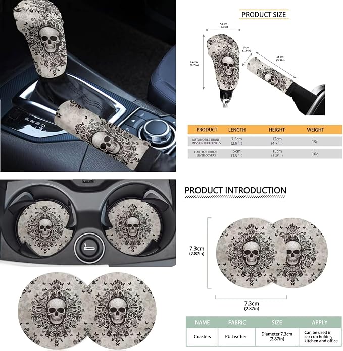 Gothic Skull Print Full Set Car Seat Covers with Steering Wheel Cover Safety Belt Pads Armrest Cushion Headrest Protectors Gear Shift Knob + Handbrake Covers etc, Universal Fits