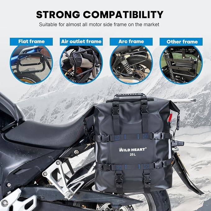 WILD HEART Motorcycle side bag stainless steel suspension waterproof bag Saddlebags 20L/25L waterproof Pianner Bag wear-resistant general-purpose Bike accessories (Black TPU, 25L One Pack)