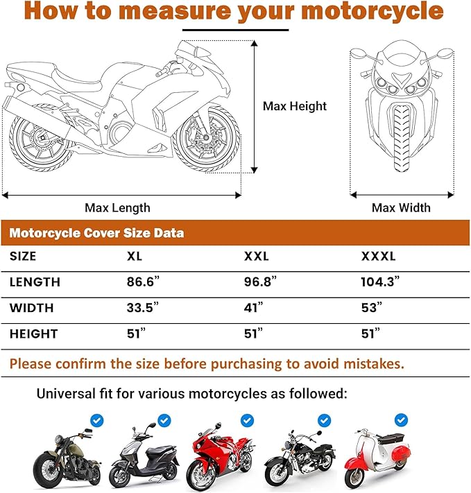 BENVOL 420D Heavy Duty Motorcycle Cover Waterproof Outdoor, 5000mm Rainproof Material Motorbike Cover with 2 Windproof Buckles, Lock Holes & Wide Reflective Strips, Anti-UV Sun Dust Protection