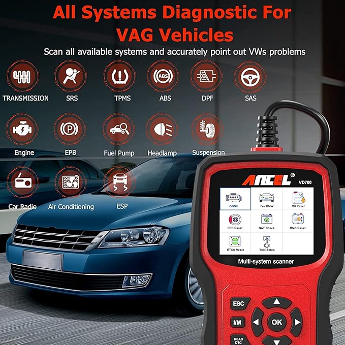 ANCEL VD700 OBD2 Diagnostic Code Reader Scan Tool Fit for Volkswagen Audi VW Skoda Seat, All Functions OBD11 Scanner for VAG Vehicles with Battery Registration EPB Reset (Upgraded VD500)