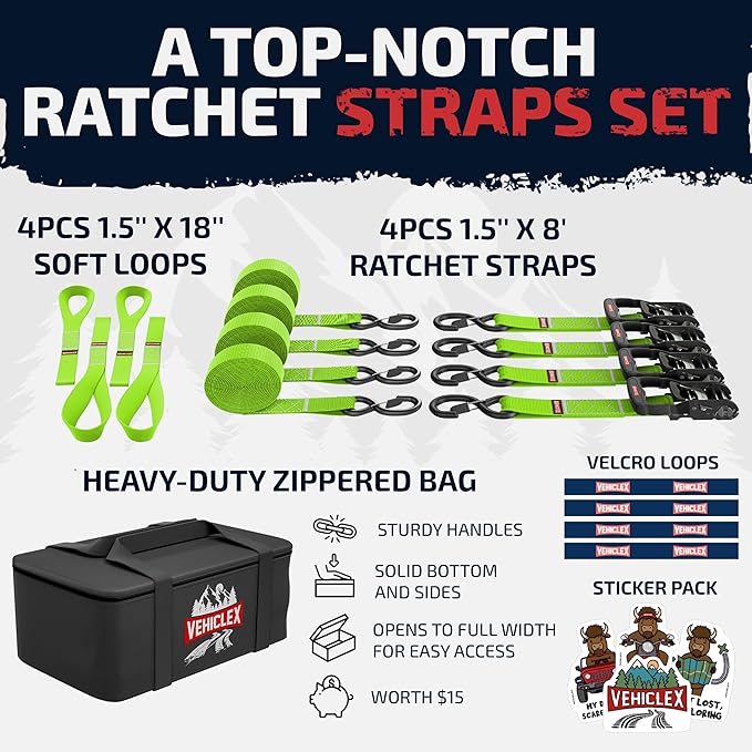 Vehiclex Motorcycle Ratchet Tie Down Straps with Soft Loops - 4PK Heavy Duty 1.5" x 8ft Kit, 4,400 lb Breaking Strength for Powersports, Green