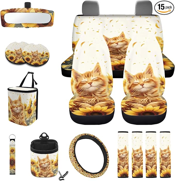 Cat Sunflower Print Car Seat Cover Full Set of 15 Seatbelt Strap Cover Garbage Cans Air Vent Storage Bag Coasters Rearview Mirror Covers Keychain Universal Fit