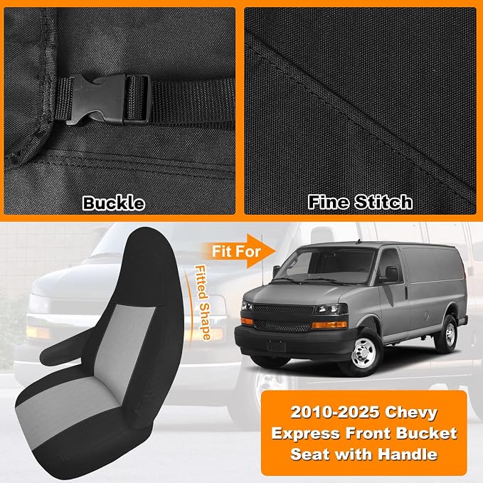 Seat Covers Compatible with 2010-2025 Chevy Express Front Bucket Seats with Opening for Grab Handle on Passenger Side Backrest, NOT for RV Seats, Black and Gray